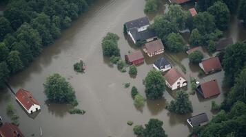 Severe flooding impacts residential area surrounded by trees and water during an overcast day photo