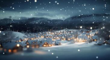 A tranquil winter night with snow-covered houses and soft lights in a mountain village photo