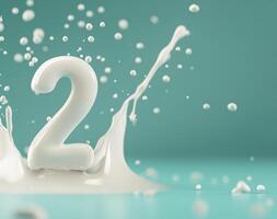 Splash of milk with the number two against a bright blue background photo