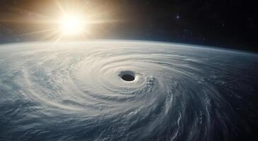 A massive hurricane swirling over the ocean with sunlight illuminating the scene from above photo