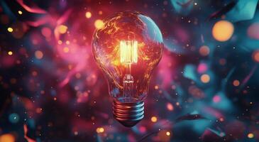A glowing light bulb surrounded by colorful sparks and abstract elements in a dark setting photo