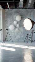 Modern studio setup with lighting equipment and backdrops for creative photo sessions