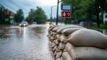 Sandbags protect homes from flooding at sunset along a quiet suburban street in summer photo