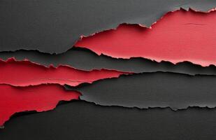 Striking contrast of torn red paper layered over a textured black background in artistic arrangement photo