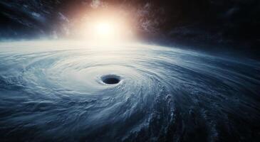A massive hurricane swirling over the ocean with sunlight illuminating the scene from above photo