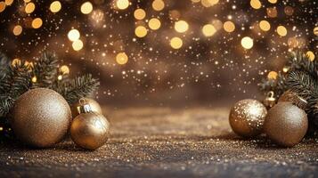 Golden Christmas ornaments glistening with festive lights and sparkling decorations photo