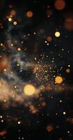 Sparkling golden particles drifting through a dark, swirling mist in a captivating cosmic backdrop photo