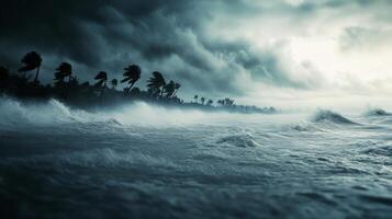 Dark storm clouds loom over turbulent ocean waves as strong winds bend palm trees at dusk photo