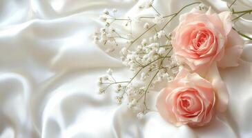 Soft pink roses arranged elegantly on silk fabric with delicate baby's breath scattered around photo