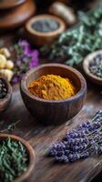 A rustic wooden bowl filled with vibrant turmeric and dried lavender on a wooden table photo