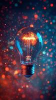 A glowing light bulb surrounded by colorful bokeh lights on a dark background at night photo