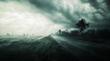 Dark storm clouds loom over turbulent ocean waves as strong winds bend palm trees at dusk photo