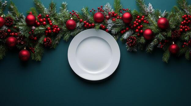 A festive empty plate surrounded by Christmas decorations on a vibrant red table photo