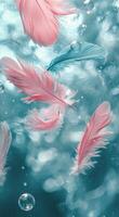 Delicate pink feathers gently float in a shimmering blue background with soft bubbles photo
