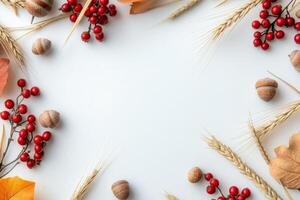 Autumn harvest display with colorful berries, nuts, and grains arranged on a neutral background photo