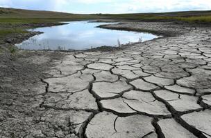 Dry landscape with cracked earth near a receding lake under a bright blue sky photo