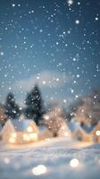 Snowfall over cozy winter homes at dusk with soft lights illuminating the scenery photo