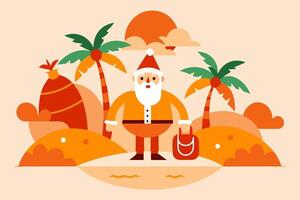 Santa claus on the beach with palm trees and a bag vector