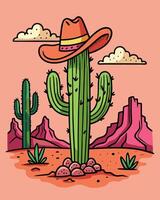 A cactus adorned with a cowboy hat standing in the desert under clear skies vector