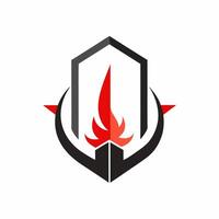 A red and black logo with a shield and a flame vector