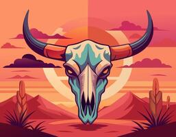 A bull skull in the desert with mountains in the background under a clear sky vector