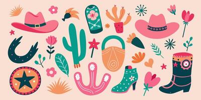 Cowboy hats, boots, cactus, flowers, and more objects vector