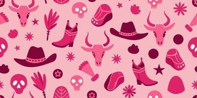 Seamless pattern of cowboy items on pink background vector