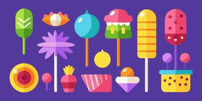 Lollipops and other sweets on a purple background vector