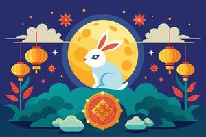 A rabbit sitting on a rock with lanterns and a moon vector