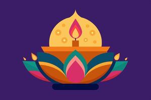 A colorful diwali lamp with a lit candle on it vector