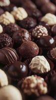 An assortment of gourmet chocolates in various textures and designs displayed beautifully photo