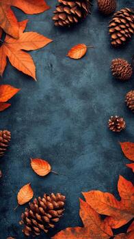 pino conos y otoño hojas arreglado en un azul texturizado antecedentes en un decorativo monitor foto