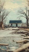 A sunlit rural landscape featuring a weathered house with exposed earth and scattered debris photo
