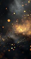 Sparkling golden particles drifting through a dark, swirling mist in a captivating cosmic backdrop photo
