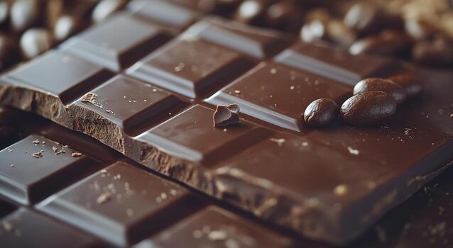 Delicious dark chocolate bars and cocoa beans captured on a wooden surface in natural light photo
