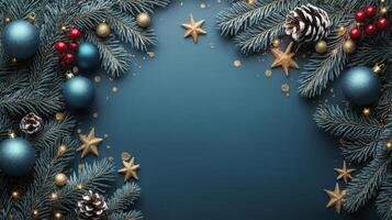 Elegant holiday decorations with blue ornaments and pine branches on a dark background photo