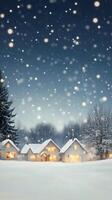 Snowfall over cozy winter homes at dusk with soft lights illuminating the scenery photo