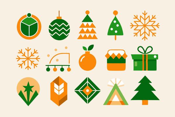 A set of christmas icons in green and orange