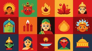 Indian festival icons set with various colors vector
