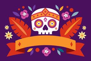 Day of the dead skull with flowers and ribbon vector