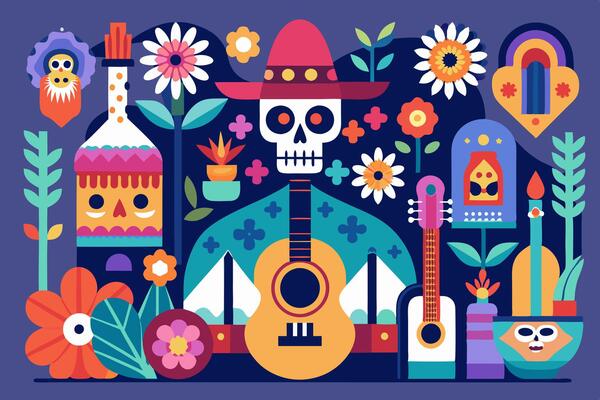 Day of the dead illustration with guitar, flowers, and other items