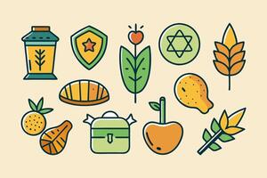 Jewish holiday icons set, including a star of david, apples, and a bagel vector