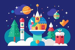 Christmas flat design with a rocket and a castle vector