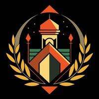 The logo for a building with a clock and stars vector