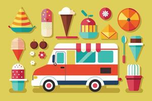 An ice cream truck is surrounded by various ice cream items vector