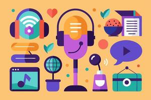 A flat design of various objects that are related to podcasting vector