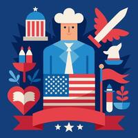 An illustration of a man with an american flag and other symbols vector