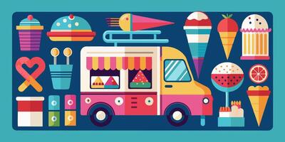 An ice cream truck with various items on it vector