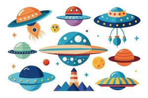 Cartoon alien spaceship set with flying saucer, flying saucer, flying saucer, flying vector