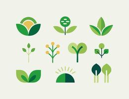 Green plants and leaves icons set vector